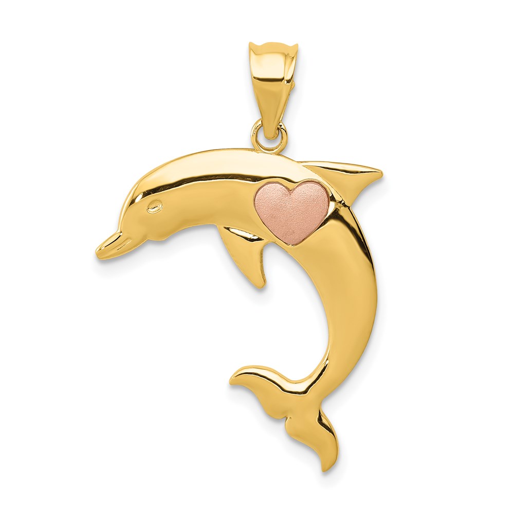 14k Two Tone Mini Small Dolphin Nautical With Heart Necklace Charm Pendant